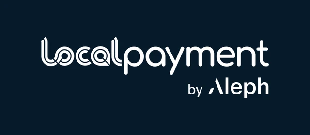 深蓝背景上的白色 Localpayment by Aleph 标志